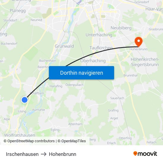 Irschenhausen to Hohenbrunn map
