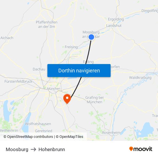 Moosburg to Hohenbrunn map