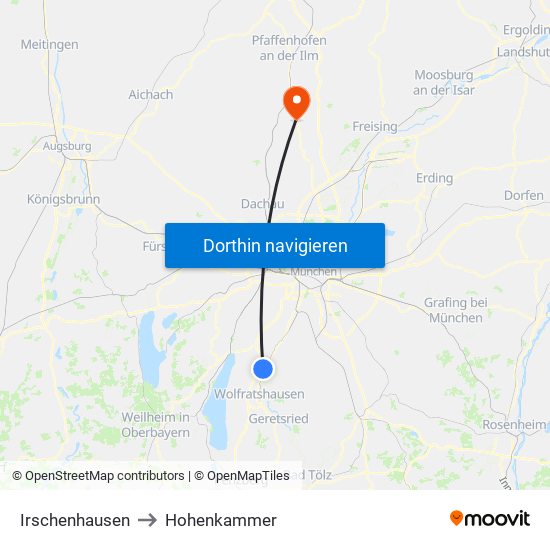 Irschenhausen to Hohenkammer map