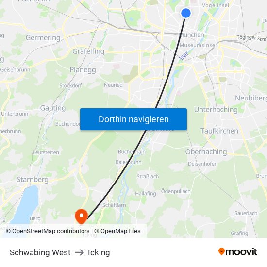 Schwabing West to Icking map