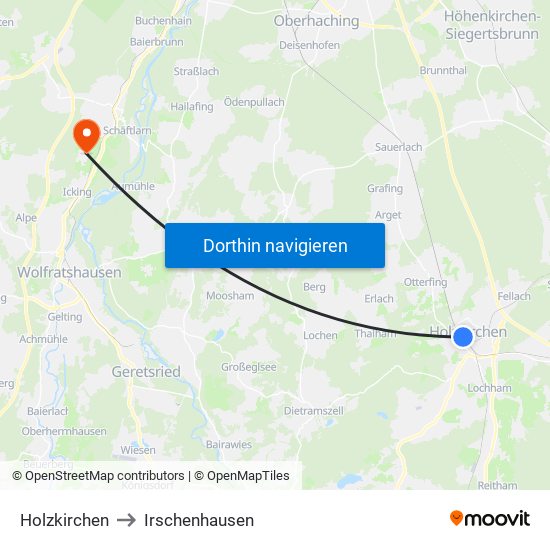 Holzkirchen to Irschenhausen map