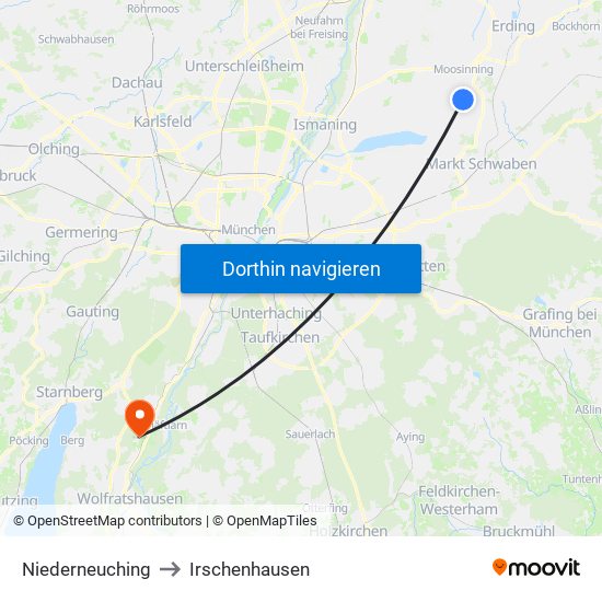 Niederneuching to Irschenhausen map