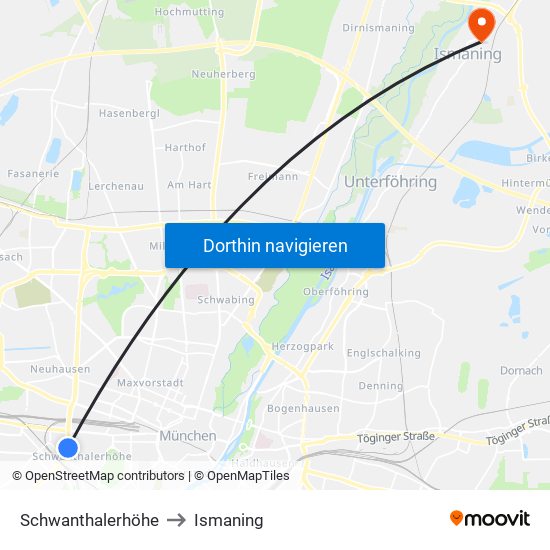 Schwanthalerhöhe to Ismaning map