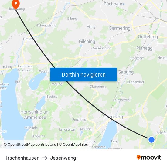 Irschenhausen to Jesenwang map