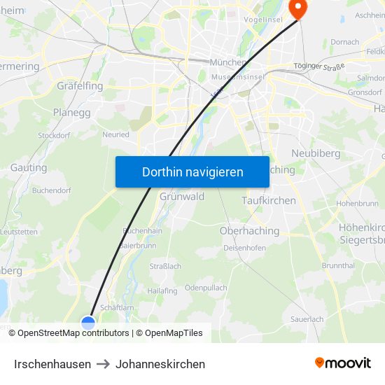 Irschenhausen to Johanneskirchen map