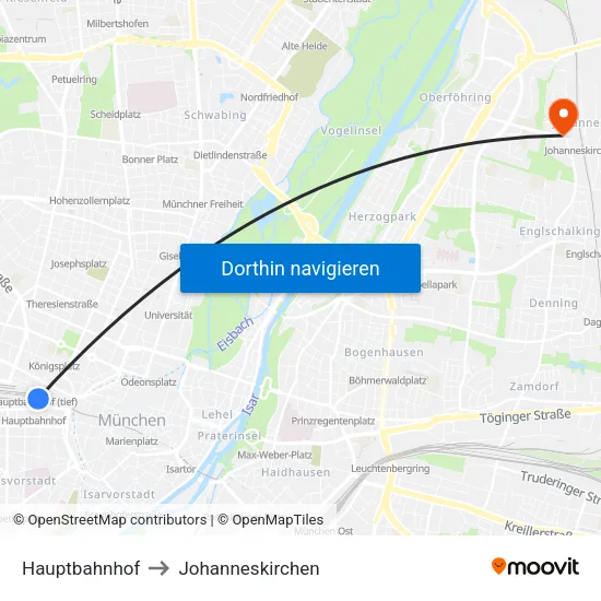 Hauptbahnhof to Johanneskirchen map