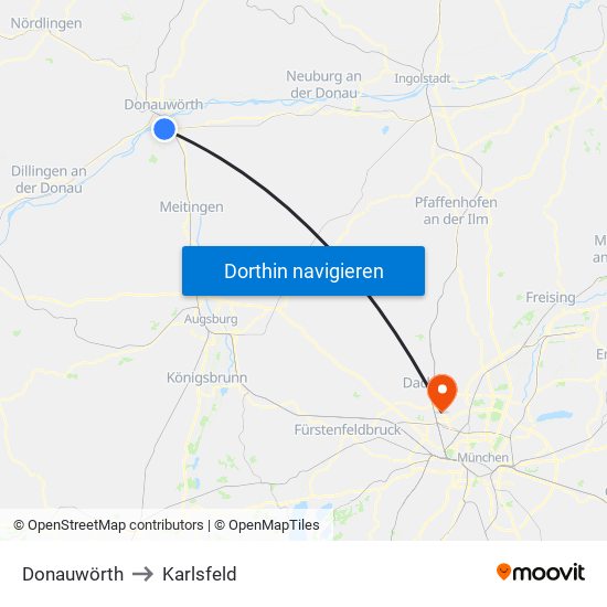 Donauwörth to Karlsfeld map