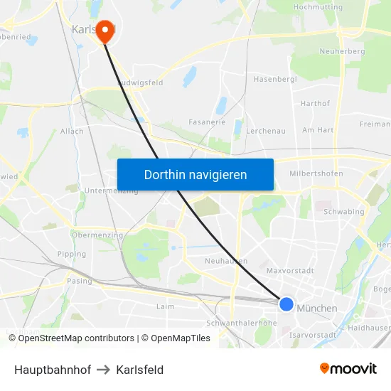 Hauptbahnhof to Karlsfeld map