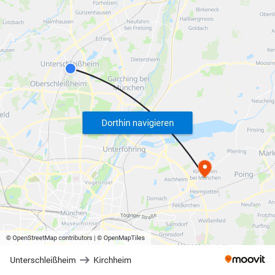 Unterschleißheim to Kirchheim map