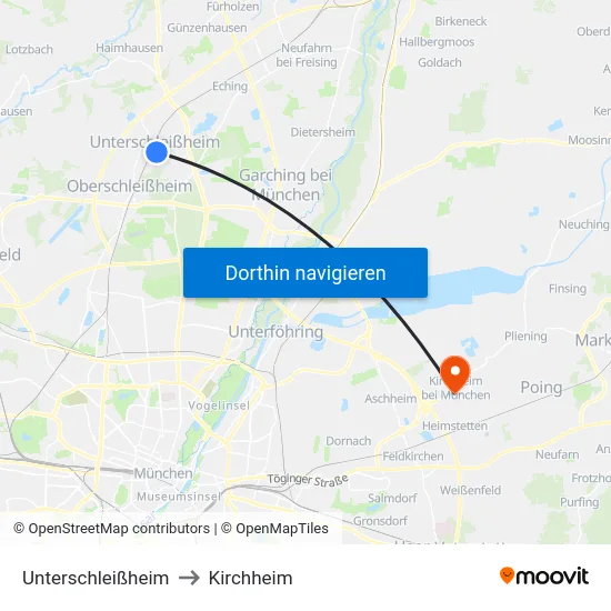Unterschleißheim to Kirchheim map