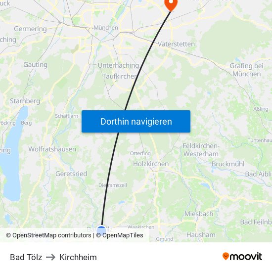 Bad Tölz to Kirchheim map