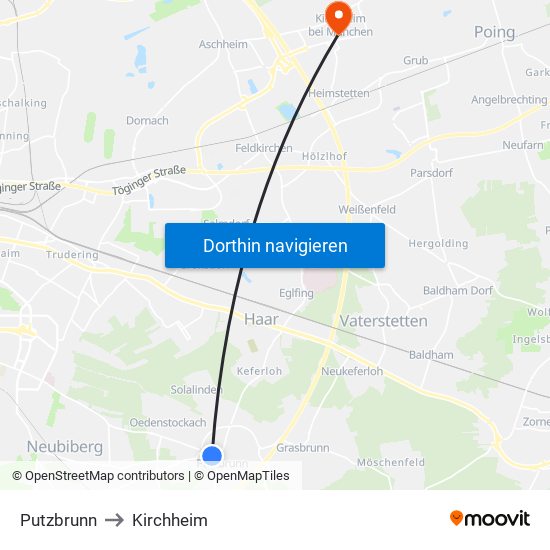 Putzbrunn to Kirchheim map