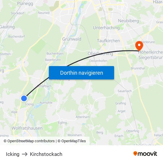Icking to Kirchstockach map