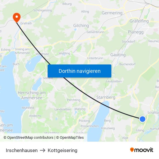 Irschenhausen to Kottgeisering map