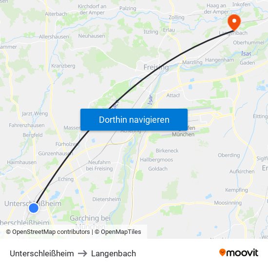 Unterschleißheim to Langenbach map