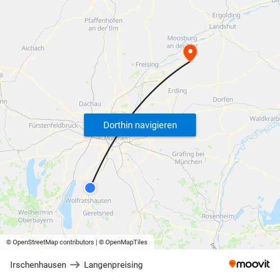 Irschenhausen to Langenpreising map