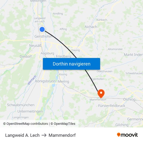 Langweid A. Lech to Mammendorf map