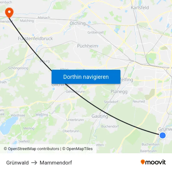 Grünwald to Mammendorf map
