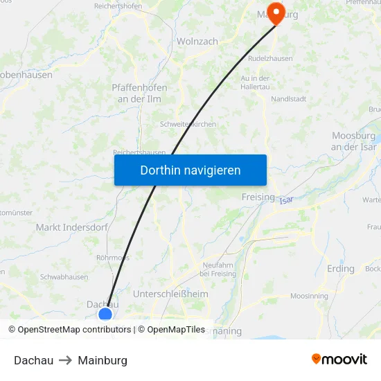 Dachau to Mainburg map