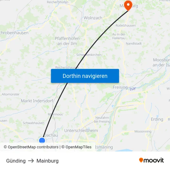 Günding to Mainburg map