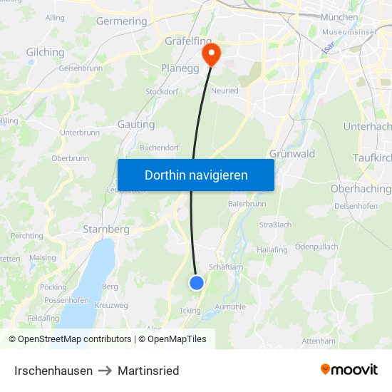 Irschenhausen to Martinsried map