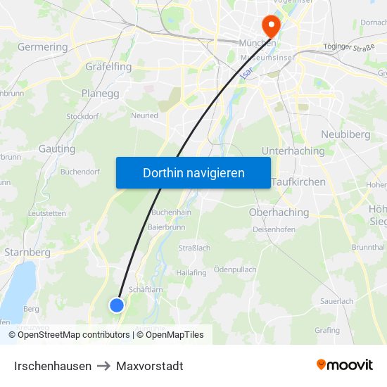 Irschenhausen to Maxvorstadt map