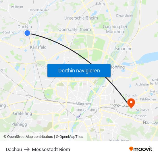 Dachau to Messestadt Riem map