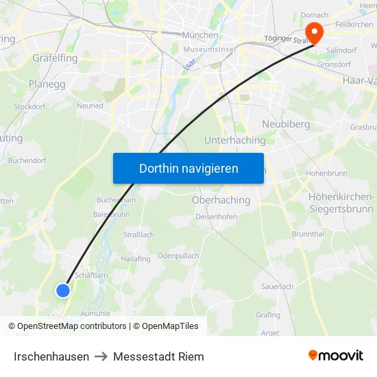 Irschenhausen to Messestadt Riem map