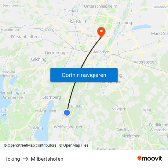 Icking to Milbertshofen map