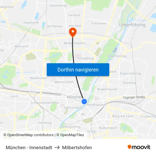München - Innenstadt to Milbertshofen map