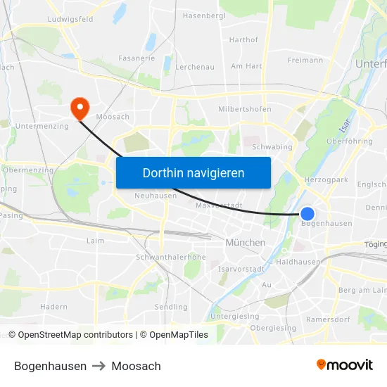 Bogenhausen to Moosach map