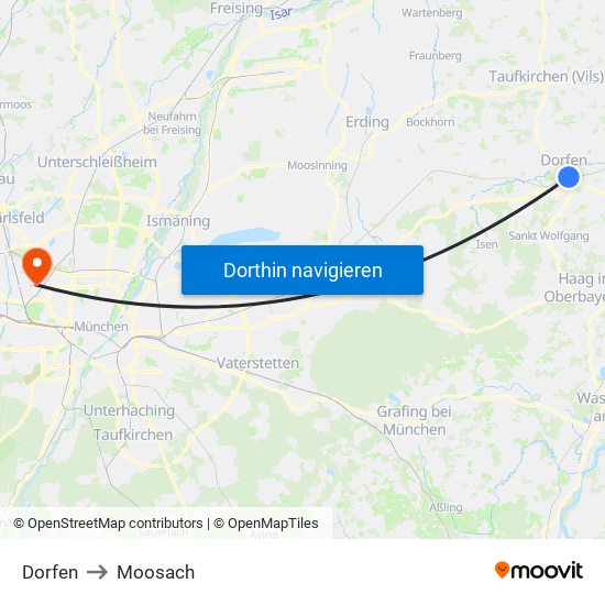 Dorfen to Moosach map