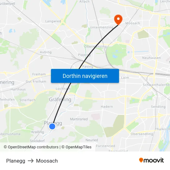 Planegg to Moosach map