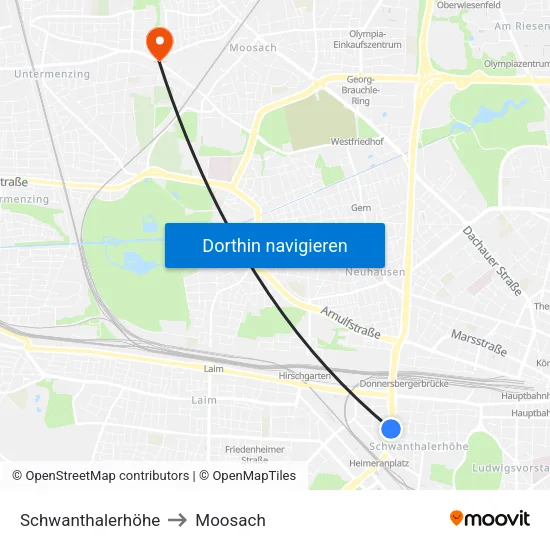Schwanthalerhöhe to Moosach map