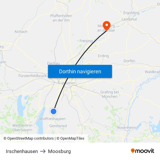 Irschenhausen to Moosburg map