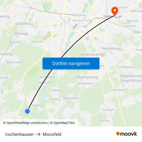 Irschenhausen to Moosfeld map
