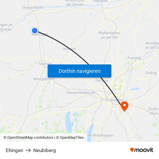 Ehingen to Neubiberg map