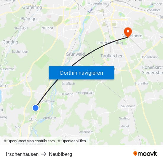 Irschenhausen to Neubiberg map