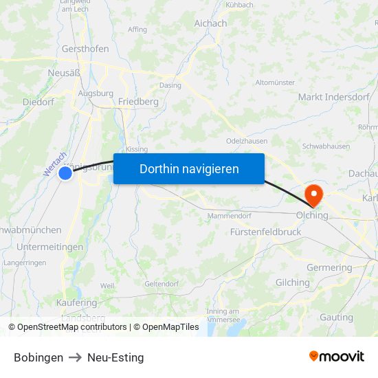 Bobingen to Neu-Esting map