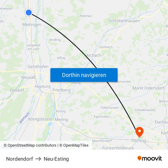 Nordendorf to Neu-Esting map
