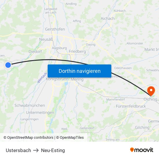 Ustersbach to Neu-Esting map