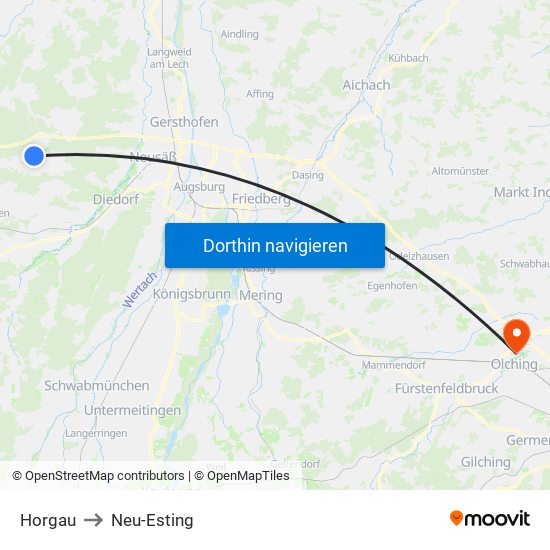 Horgau to Neu-Esting map