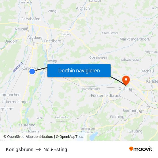 Königsbrunn to Neu-Esting map