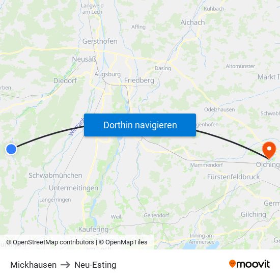 Mickhausen to Neu-Esting map