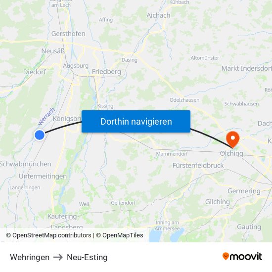 Wehringen to Neu-Esting map