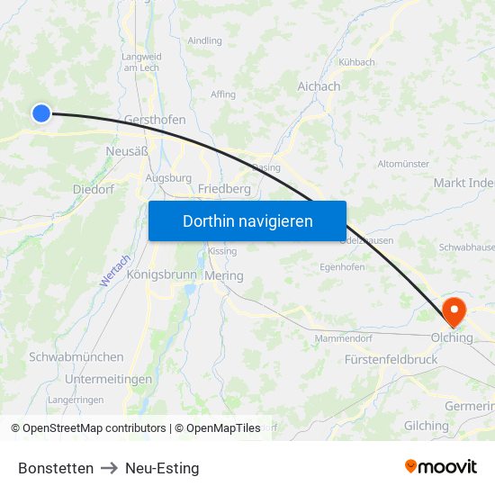 Bonstetten to Neu-Esting map