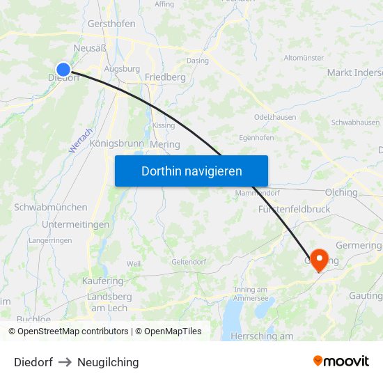 Diedorf to Neugilching map