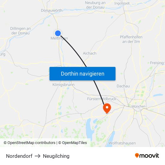 Nordendorf to Neugilching map