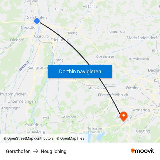 Gersthofen to Neugilching map