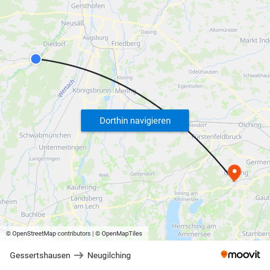 Gessertshausen to Neugilching map